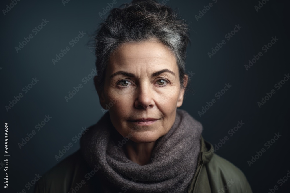 Portrait of a middle-aged woman with gray hair on a dark background Portrait of a middle-aged woman with gray hair on a dark background