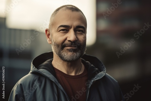 Portrait of a handsome middle aged man with beard and mustache in urban background