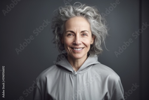 Portrait of smiling senior woman in grey hoodie looking at camera