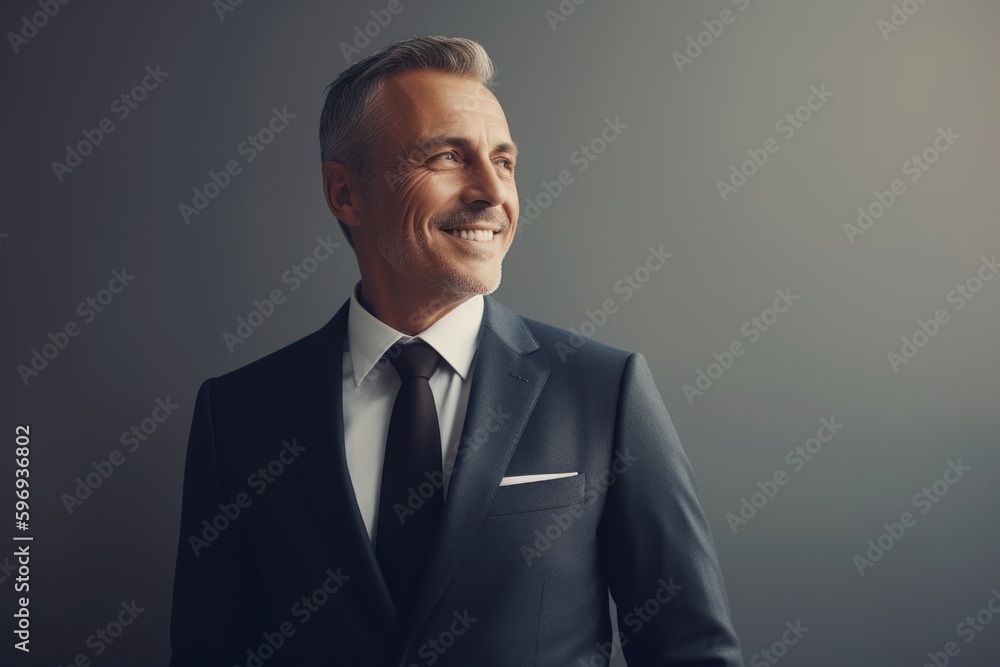 Handsome mature businessman in suit looking at camera and smiling while standing against grey background Handsome mature businessman in suit looking at camera and smiling while standing against grey background
