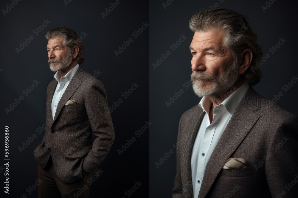 Environmental portrait photography of a satisfied man in his 50s wearing a classic blazer against a minimalist or empty room background. Generative AI Environmental portrait photography of a satisfied man in his 50s wearing a classic blazer against a minimalist or empty room background. Generative AI