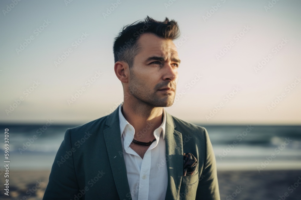 Portrait of a handsome young man in a green suit on the beach Portrait of a handsome young man in a green suit on the beach
