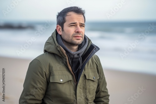 Portrait of handsome man standing on beach at cold winter day.