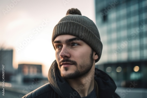 Portrait of a young handsome man with a beard in a hat in an urban context © Hanne Bauer