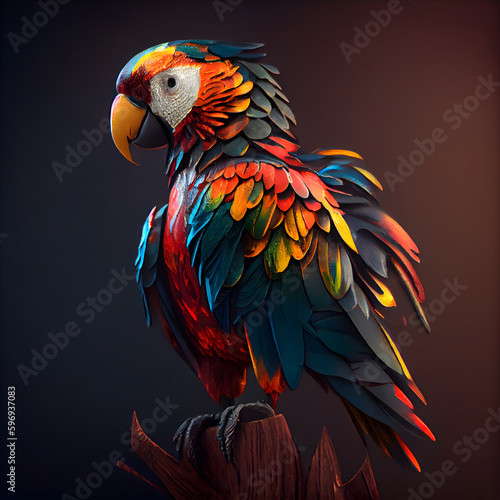 Colorful macaw parrot isolated on dark background. 3d illustration