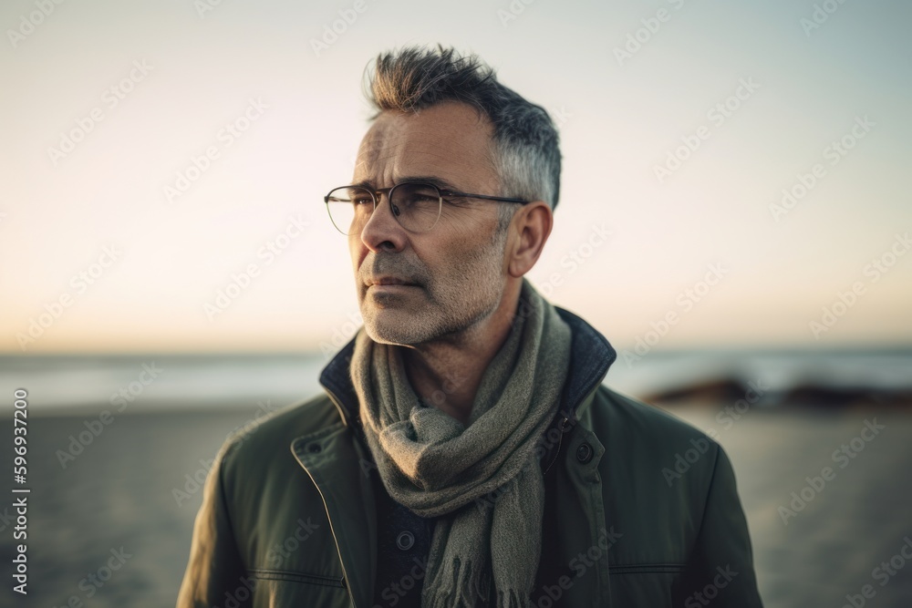 Fototapeta premium Portrait of a handsome middle-aged man with glasses and a scarf on the beach.