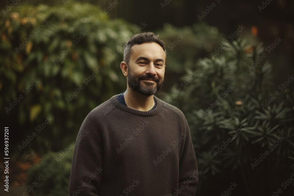 Portrait of a handsome young man with beard and mustache in a park Portrait of a handsome young man with beard and mustache in a park
