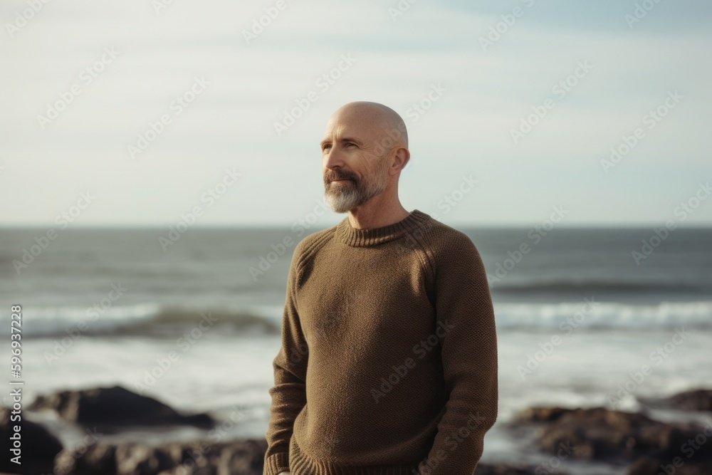 Portrait of a senior man standing on the beach by the sea