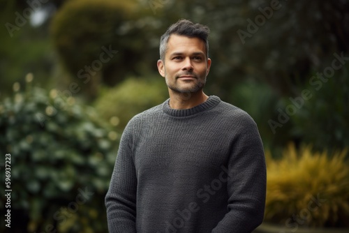 Portrait of a handsome man in a gray sweater in the park