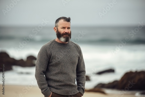 Portrait of a bearded man standing on the beach by the sea