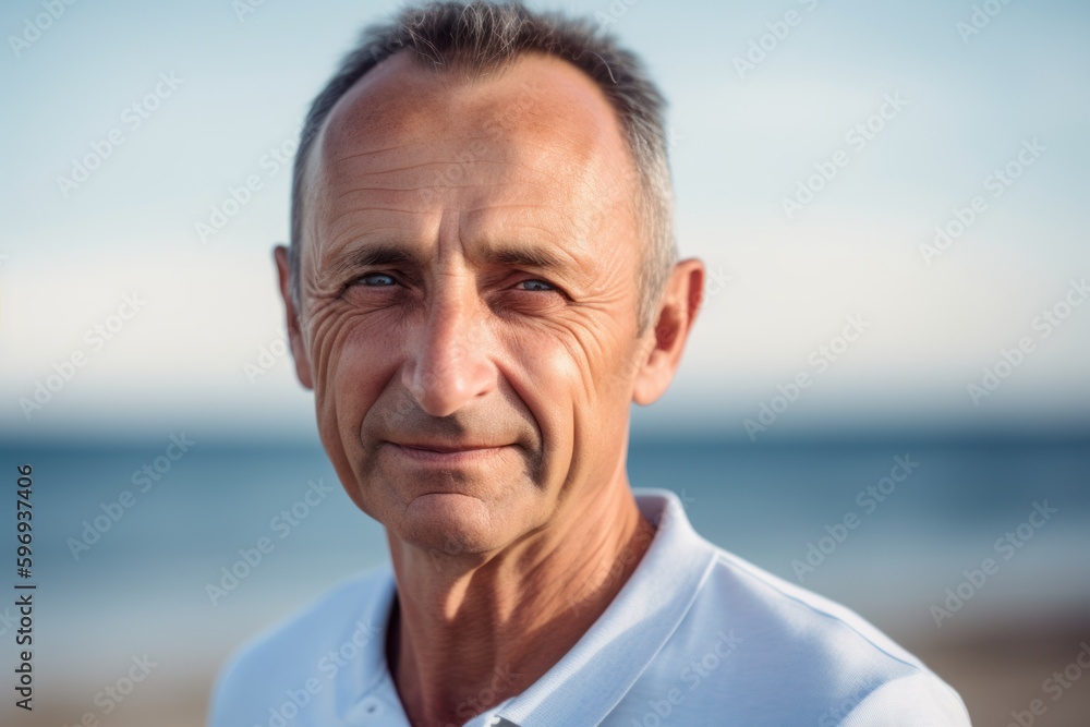 Portrait of smiling senior man standing on beach at the day time