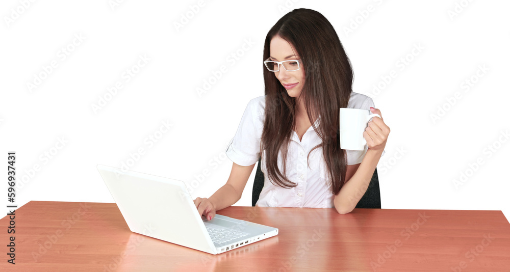 Young attractive business woman in white shirt using laptop isolated on white background