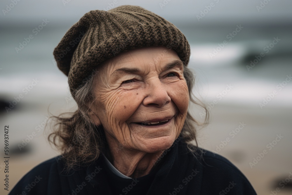 Portrait of a smiling elderly woman at the beach in autumn. Portrait of a smiling elderly woman at the beach in autumn.