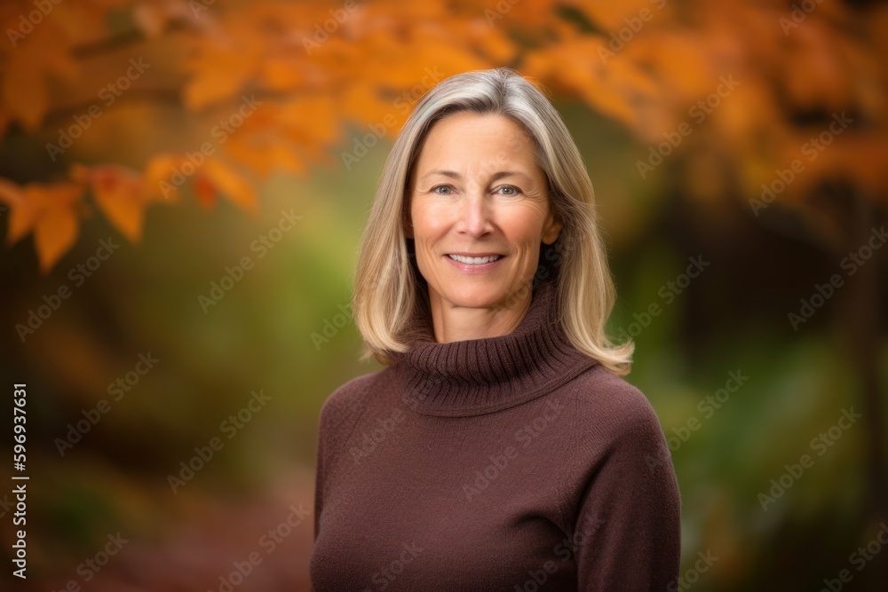 Portrait of a beautiful mature woman in the autumn forest. Smiling. Portrait of a beautiful mature woman in the autumn forest. Smiling.