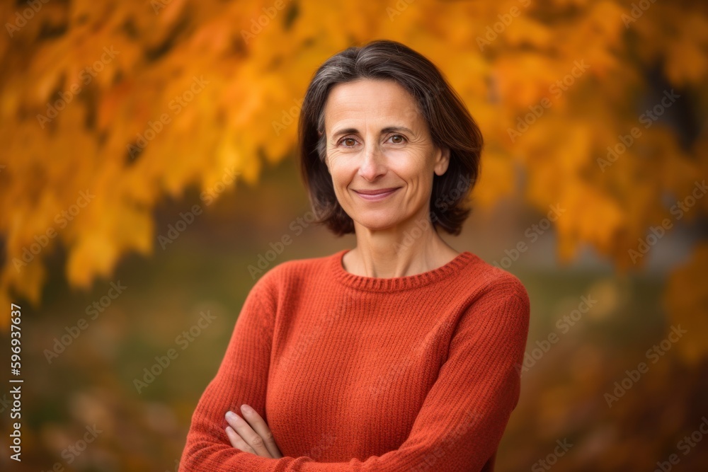 Pet portrait photography of a pleased woman in her 40s wearing a cozy sweater against an autumn foliage background. Generative AI Pet portrait photography of a pleased woman in her 40s wearing a cozy sweater against an autumn foliage background. Generative AI
