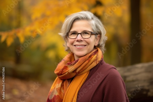 Portrait of a beautiful senior woman with glasses and scarf in the autumn park