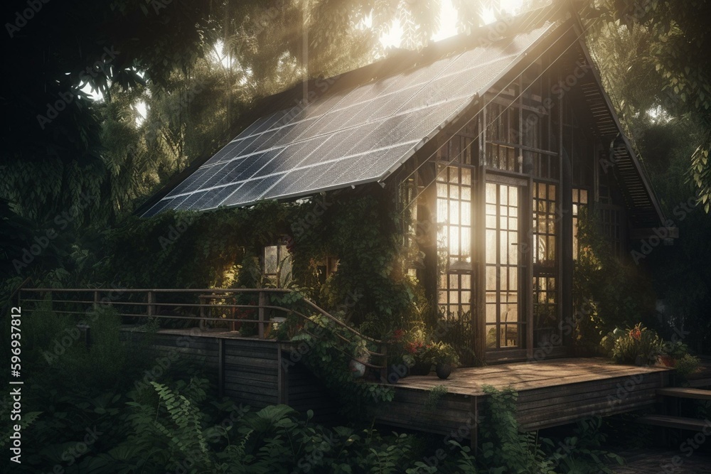 Green house with solar panels. Generative AI