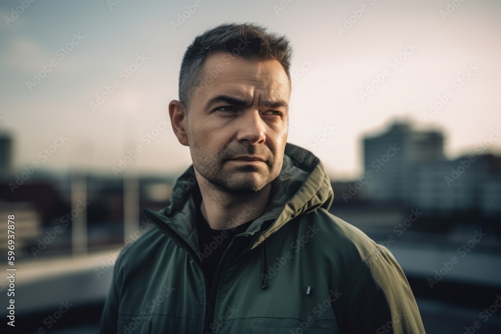 Portrait of a handsome young man in a green jacket on the roof Portrait of a handsome young man in a green jacket on the roof