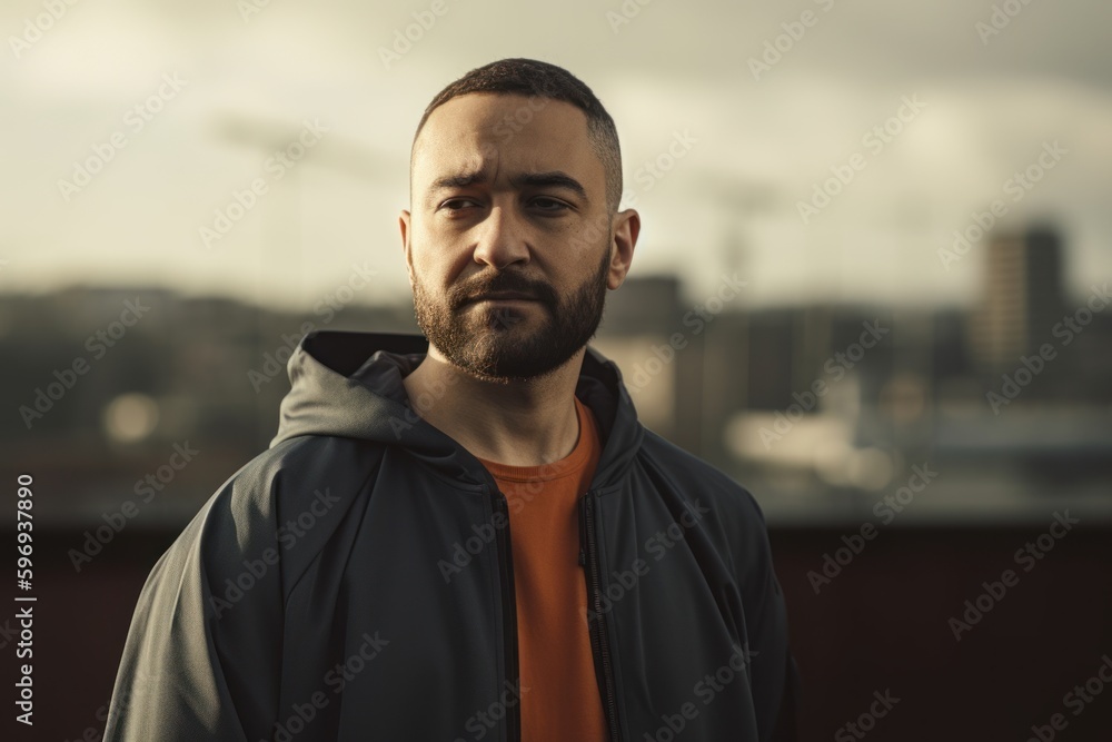 Portrait of a young man with a beard on a city background