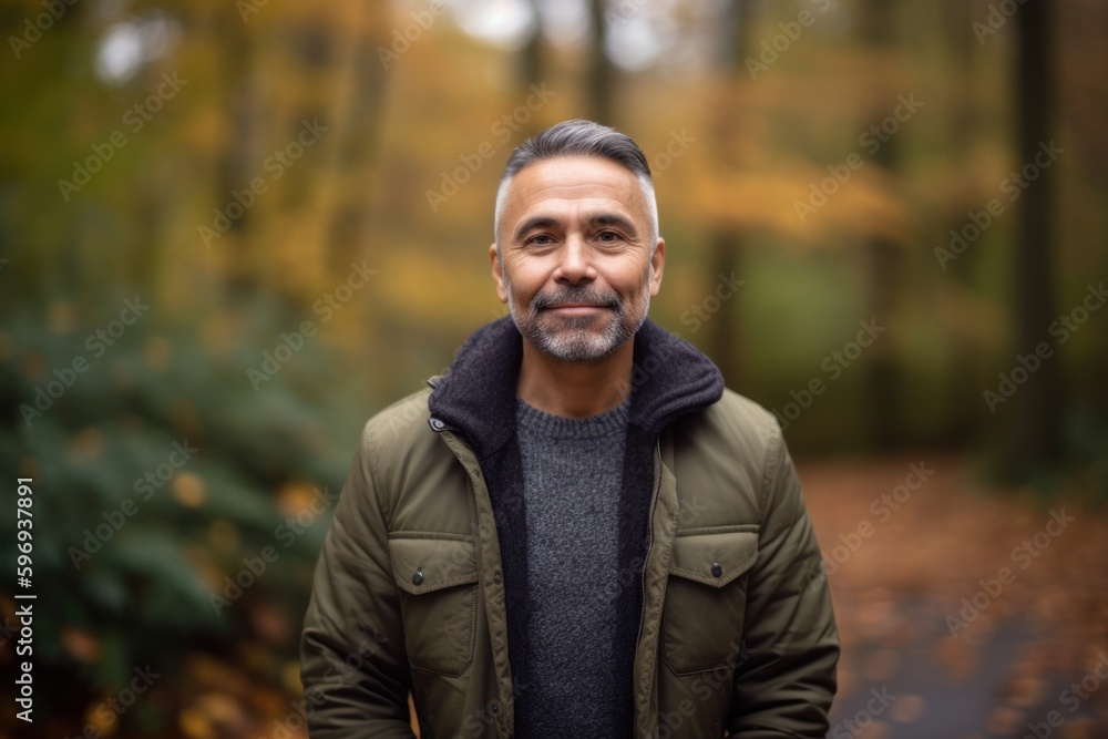 Portrait of a smiling mature man standing in the autumn park.