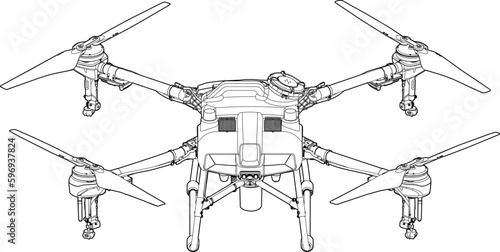 Drone Agro Quadrocopter. Line Stroke. Drone Vector Isolated. White Background. R2023003