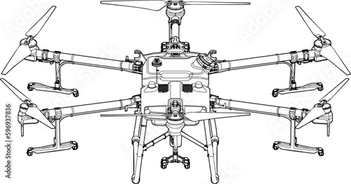 Drone Agro Quadrocopter. Line Stroke. Drone Vector Isolated. White Background. R2023002