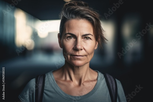 Portrait of mature woman with backpack looking at camera in urban background