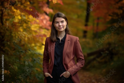 Portrait of a beautiful young woman in a coat in the autumn forest