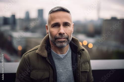 Portrait of a handsome middle-aged man with a beard in the city