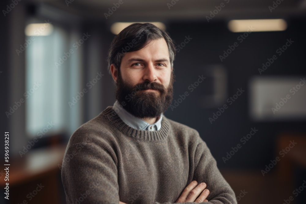 Medium shot portrait photography of a satisfied man in his 30s wearing a cozy sweater against a classroom or educational setting background. Generative AI Medium shot portrait photography of a satisfied man in his 30s wearing a cozy sweater against a classroom or educational setting background. Generative AI