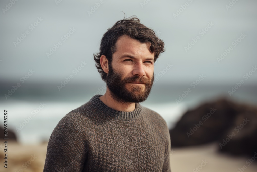 Portrait of a handsome bearded man in a sweater on the beach Portrait of a handsome bearded man in a sweater on the beach