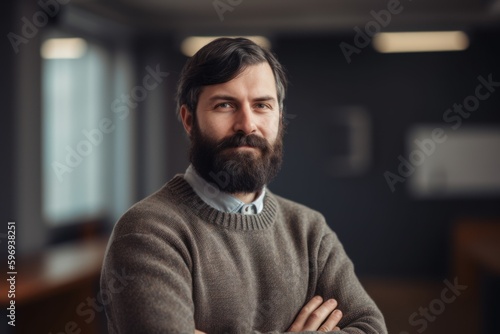 Medium shot portrait photography of a satisfied man in his 30s wearing a cozy sweater against a classroom or educational setting background. Generative AI © Anne-Marie Albrecht