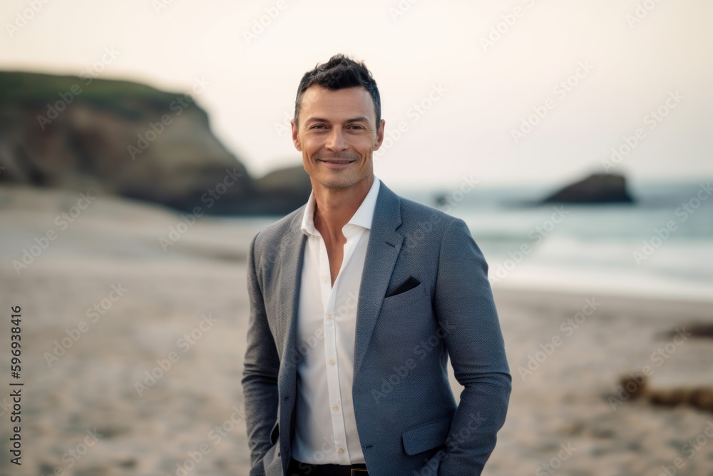 Portrait of a handsome businessman standing on the beach and looking at camera Portrait of a handsome businessman standing on the beach and looking at camera