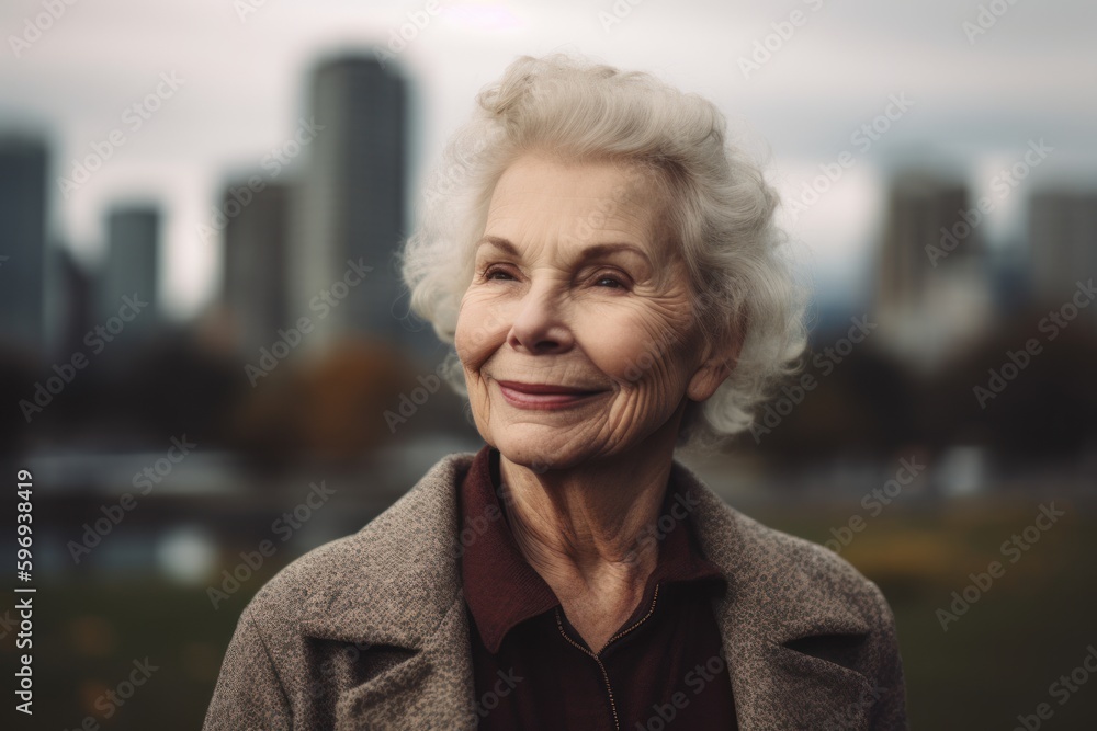 Portrait of smiling senior woman looking at camera with city in the background