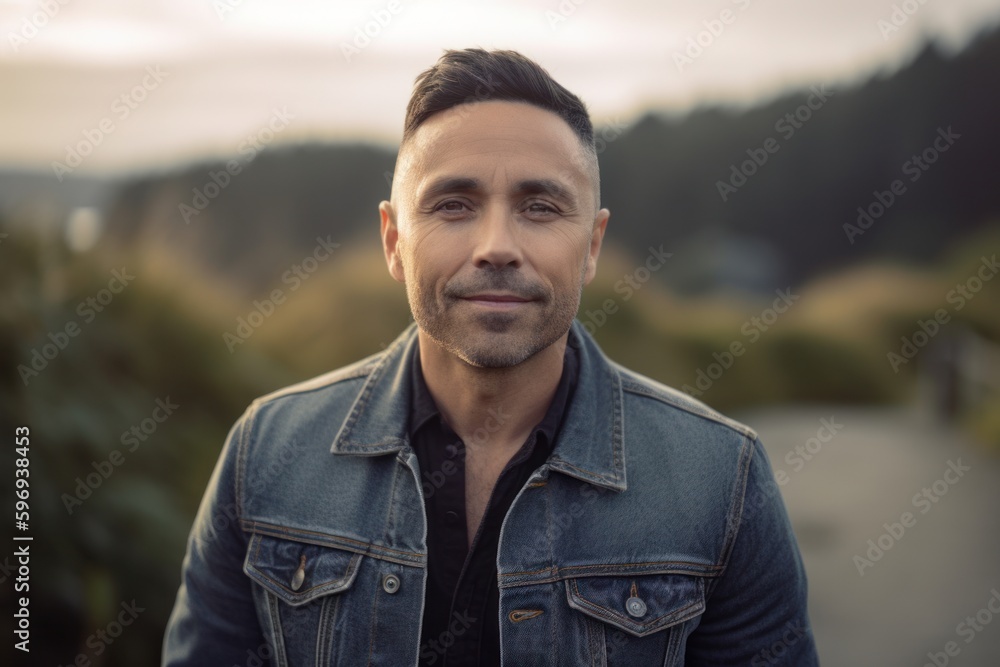 Portrait of a handsome man with a denim jacket standing outdoors. Portrait of a handsome man with a denim jacket standing outdoors.