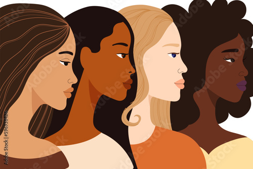 Four attractive women are looking in the same direction. Different hairstyles, skin tones - afro, curly, long hair. Beautiful strong people, sisters. The concept of feminism, equality, rights.