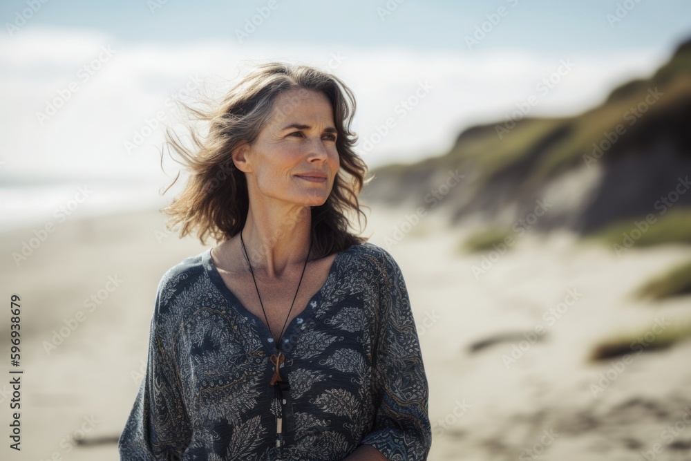 Portrait of beautiful mature woman looking away while standing on the beach