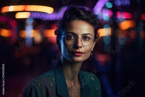 Beautiful young woman in glasses and a green jacket on the background of the night city