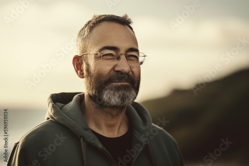 Portrait of a senior man with grey hair and beard wearing glasses against the sea.
