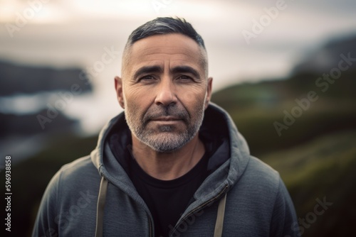 Portrait of a handsome middle-aged man with grey hair, wearing a gray sweatshirt, standing on a hill, looking at the camera. © Anne-Marie Albrecht