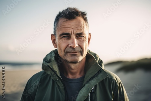 Portrait of a mature man on the beach at sunset in autumn