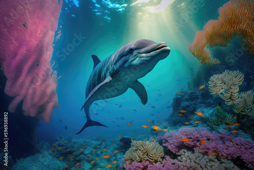 Dolphin swimming in the under sea , Beautiful Underwater and colorful coral in wild nature of the Pacific Ocean, generative AI
