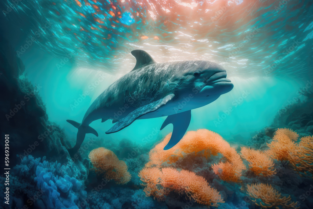 Dolphin swimming in the under sea , Beautiful Underwater and colorful coral in wild nature of the Pacific Ocean, generative AI