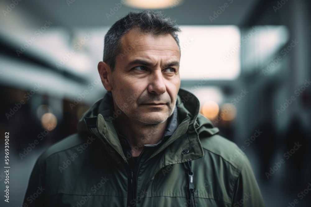 Portrait of a middle-aged man in a jacket in the corridor