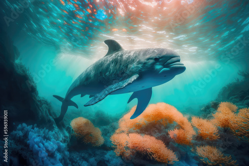Dolphin swimming in the under sea , Beautiful Underwater and colorful coral in wild nature of the Pacific Ocean, generative AI © Kien