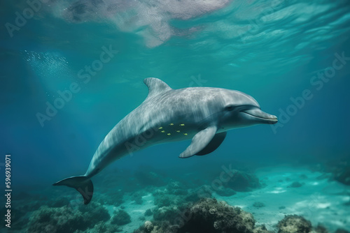 Dolphin swimming in the under sea   Beautiful Underwater and colorful coral in wild nature of the Pacific Ocean  generative AI