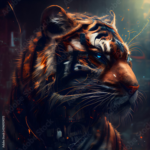 Tiger in the fire. 3D illustration. Fire and smoke.