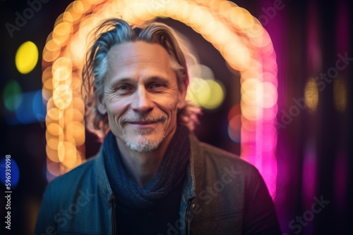 Portrait of a smiling middle-aged man in a nightclub.