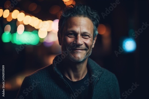 Portrait of a smiling middle-aged man in the city at night