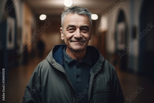 Portrait of a smiling senior man in the hallway of a hospital